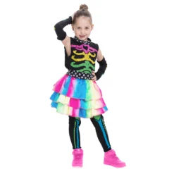 Spooktacular Girls Funky Punky Colorful Skeleton Halloween Costume - Group Costumes -Halloween Costumes Sales 2022 Funky Bones Colorful Skeleton Deluxe Costume for Girls 2 4