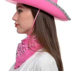 Spooktacular Womens Halloween Pink Felt Cowboy Hat with 3 Bandanas - Costume Accessories -Halloween Costumes Sales 2022 LED Pink Cowboy Hat with 3 Bandanas for Cosplay 1