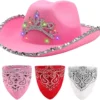 Spooktacular Womens Halloween Pink Felt Cowboy Hat with 3 Bandanas - Costume Accessories 2 Spooktacular Womens Halloween Pink Felt Cowboy Hat with 3 Bandanas - Costume Accessories -Halloween Costumes Sales 2022 LED Pink Cowboy Hat with 3 Bandanas for Cosplay 2