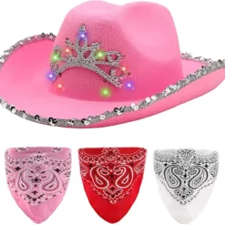 Spooktacular Womens Halloween Pink Felt Cowboy Hat with 3 Bandanas - Costume Accessories
