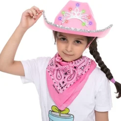 Spooktacular Womens Halloween Pink Felt Cowboy Hat with 3 Bandanas - Costume Accessories -Halloween Costumes Sales 2022 LED Pink Cowboy Hat with 3 Bandanas for Cosplay 3