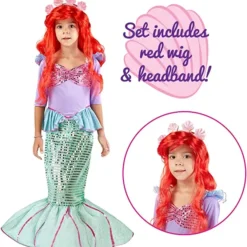 Spooktacular Girls Mermaid Costume with Red Wig and Headband - Kid Halloween Costumes -Halloween Costumes Sales 2022 Mermaid Deluxe Costume Set 4