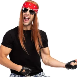 Spooktacular Mens 90s Rock Star Halloween Costume - Adult Costumes -Halloween Costumes Sales 2022 Rockstar 90s Heavy Metal Rocker Costume with Wig Gloves Sunglasses and Bandanas Halloween Costumes for Men 5