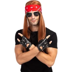 Spooktacular Mens 90s Rock Star Halloween Costume - Adult Costumes -Halloween Costumes Sales 2022 Rockstar 90s Heavy Metal Rocker Costume with Wig Gloves Sunglasses and Bandanas Halloween Costumes for Men 6