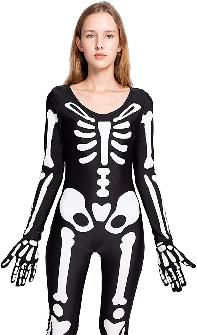 Spooktacular Women Skeleton Bodysuit with Glow Patterns - Group Costumes 5 Spooktacular Women Skeleton Bodysuit with Glow Patterns - Group Costumes - Image 3