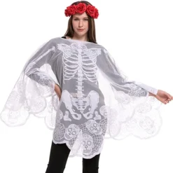 Halloween Costumes Sales 2022 21 Spooktacular Skeleton Poncho & Red Flower Elastic Headband - Adult - Costume Accessories